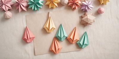 The primary subject of the image is a collection of colorful paper flowers. These flowers are displayed on a table, with some of them placed on a piece of paper. The setting is a room with a wooden surface, and the visual style is a combination of photo and digital art. The colors and mood of the image are vibrant and cheerful, with the flowers adding a touch of natural beauty to the scene.